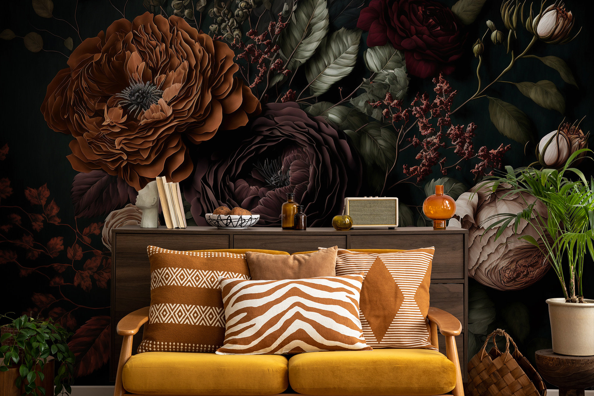 Floral Wall Mural, Dark Dramatic Flower Wallpaper | Wall Decor | Home ...