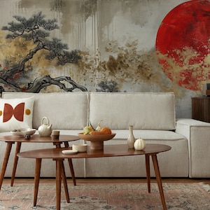 Carta da parati moderna del Giappone, luna rossa | Decorazione da parete | Ristrutturazione casa | Arte della parete | Carta da parati in vinile staccabile e incollabile o non autoadesiva