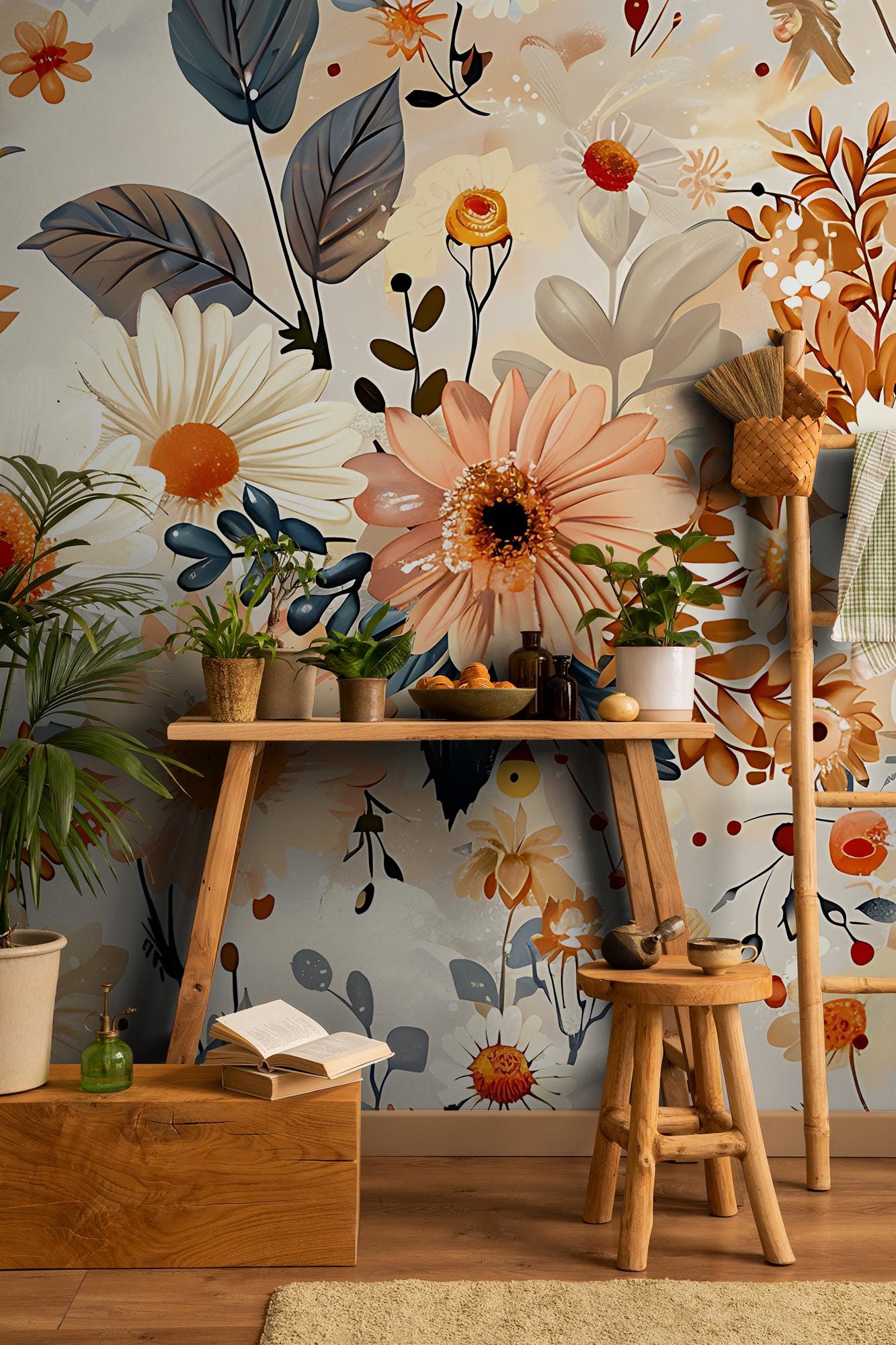 Floral Wallpaper, Flowers and Leaves Home Decor | Home Renovation ...