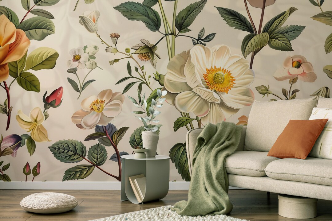 Vintage Flower and Leaf Wallpaper | Botanical Wall Mural | Home ...