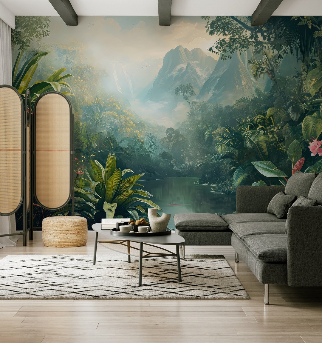 Forest, Lake & Mountains Tropical Wallpaper | Wall Decor | Home ...