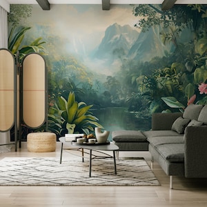 Forest, lake & mountains tropical wallpaper | Wall Decor | Home Renovation | Wall Art | Peel and Stick Or Non Self-Adhesive Vinyl Wallpaper