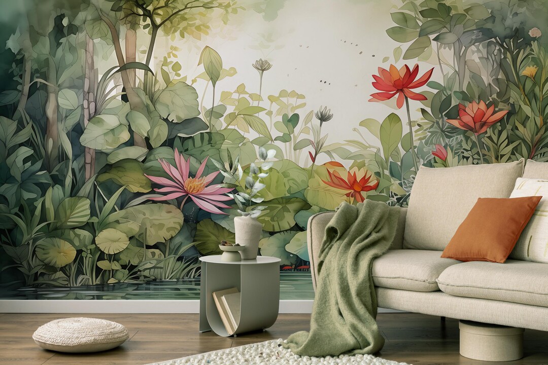 Watercolor Floral Wallpaper, Flower and Leaves Wall Mural | Home ...