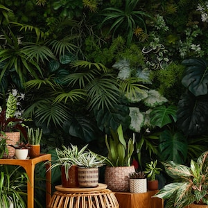 Carta da parati verde con foglie tropicali, decorazioni per la casa nella giungla oscura | Ristrutturazione casa | Arte della parete | Carta da parati in vinile staccabile e incollabile o non autoadesiva