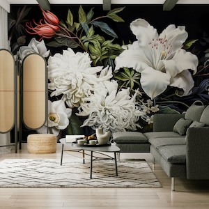 Dark floral wall mural | Wall Decor | Home Renovation | Wall Art | Peel and Stick Or Non Self-Adhesive Vinyl Wallpaper