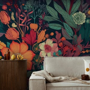 Carta da parati floreale colorata scura | Carta da parati botanica | Ristrutturazione casa | Arte della parete | Carta da parati in vinile staccabile e incollabile o non autoadesiva