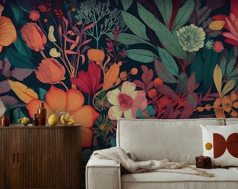 Dark colorful floral wallpaper | Botanical Wall Mural | Home Renovation | Wall Art | Peel and Stick Or Non Self-Adhesive Vinyl Wallpaper