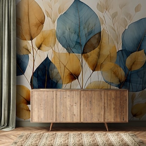 Carta da parati con foglie gialle e blu, carta da parati con foglie | Decorazione da parete | Ristrutturazione casa | Carta da parati in vinile staccabile e incollabile o non autoadesiva