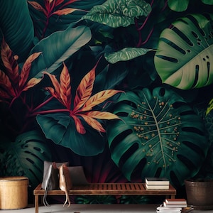 Tropical leaves wallpaper, jungle botanical | Home Decor | Home Renovation | Wall Art | Peel and Stick Or Non Self-Adhesive Vinyl Wallpaper