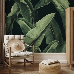 Carta da parati con foglie tropicali, carta da parati con foglie di banana | Decorazione da parete | Ristrutturazione casa | Carta da parati in vinile staccabile e incollabile o non autoadesiva