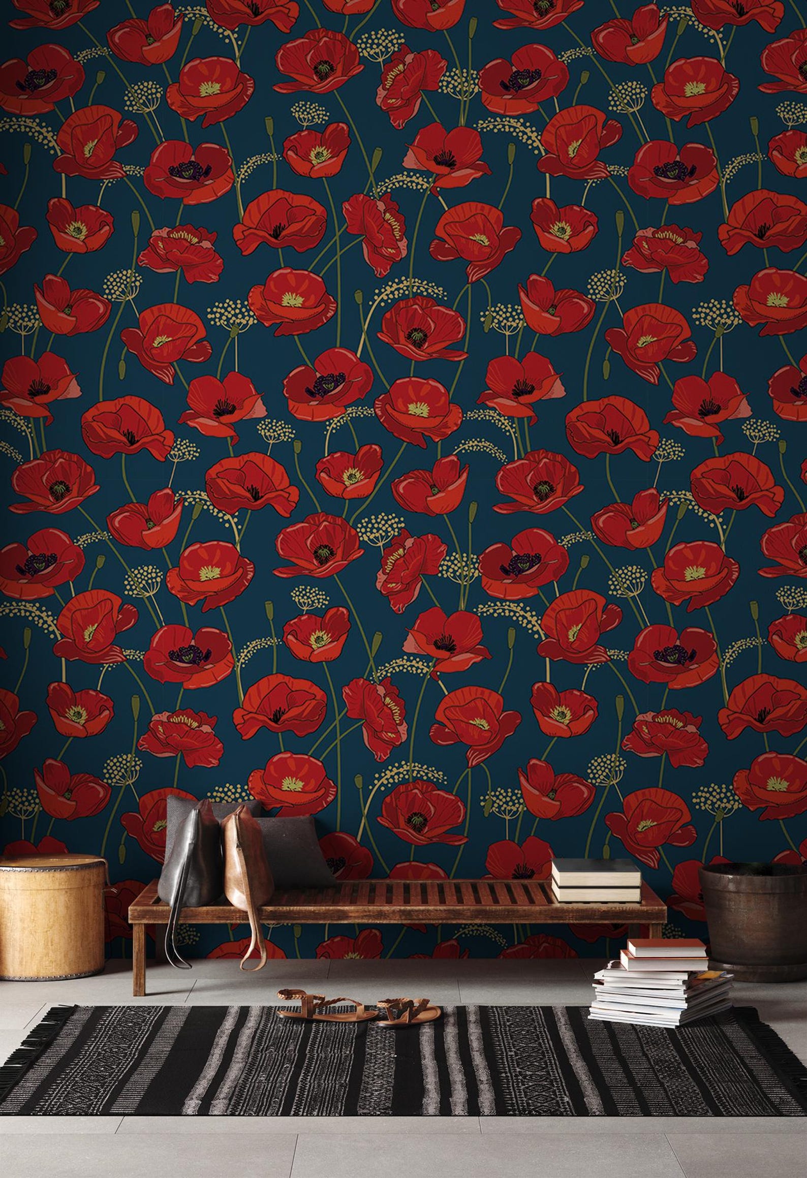 Blue Wallpaper With Red Poppy Flowers Floral Wall Mural Home Renovation ...
