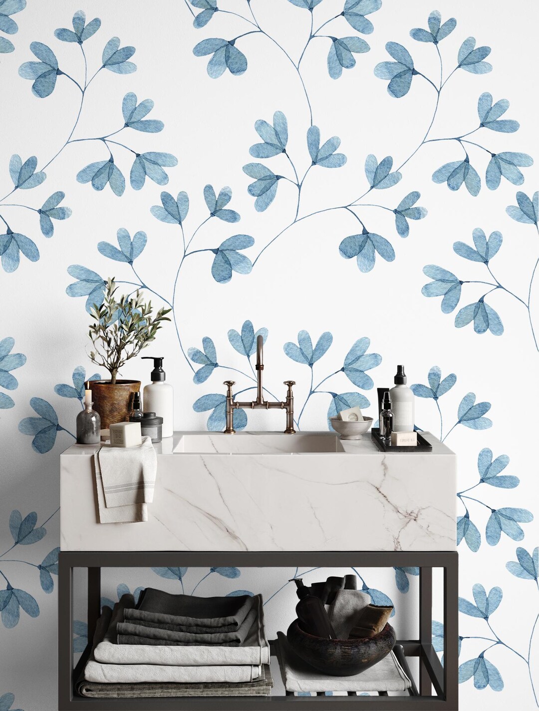 Watercolor Wallpaper, Blue Leaf Home Decor | Home Renovation | Wall Art ...