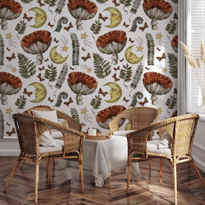 Vintage muschroom wallpaper | leaves and moon Wall Decor | Home Renovation | Wall Art | Peel and Stick Or Non Self-Adhesive Vinyl Wallpaper