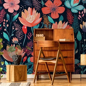 Colorful floral wallpaper, flower Home Decor | Home Renovation | Wall Art | Peel and Stick Or Non Self-Adhesive Vinyl Wallpaper