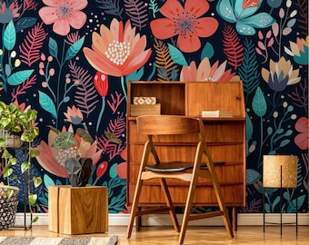 Colorful floral wallpaper, flower Home Decor | Home Renovation | Wall Art | Peel and Stick Or Non Self-Adhesive Vinyl Wallpaper