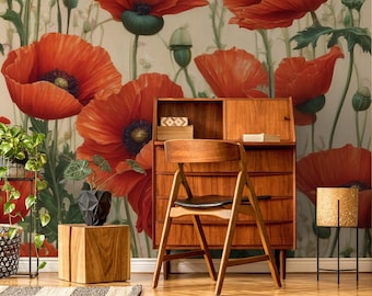 Watercolor floral wallpaper, red poppy Wall Mural | Home Renovation | Wall Art | Peel and Stick Or Non Self-Adhesive Vinyl Wallpaper