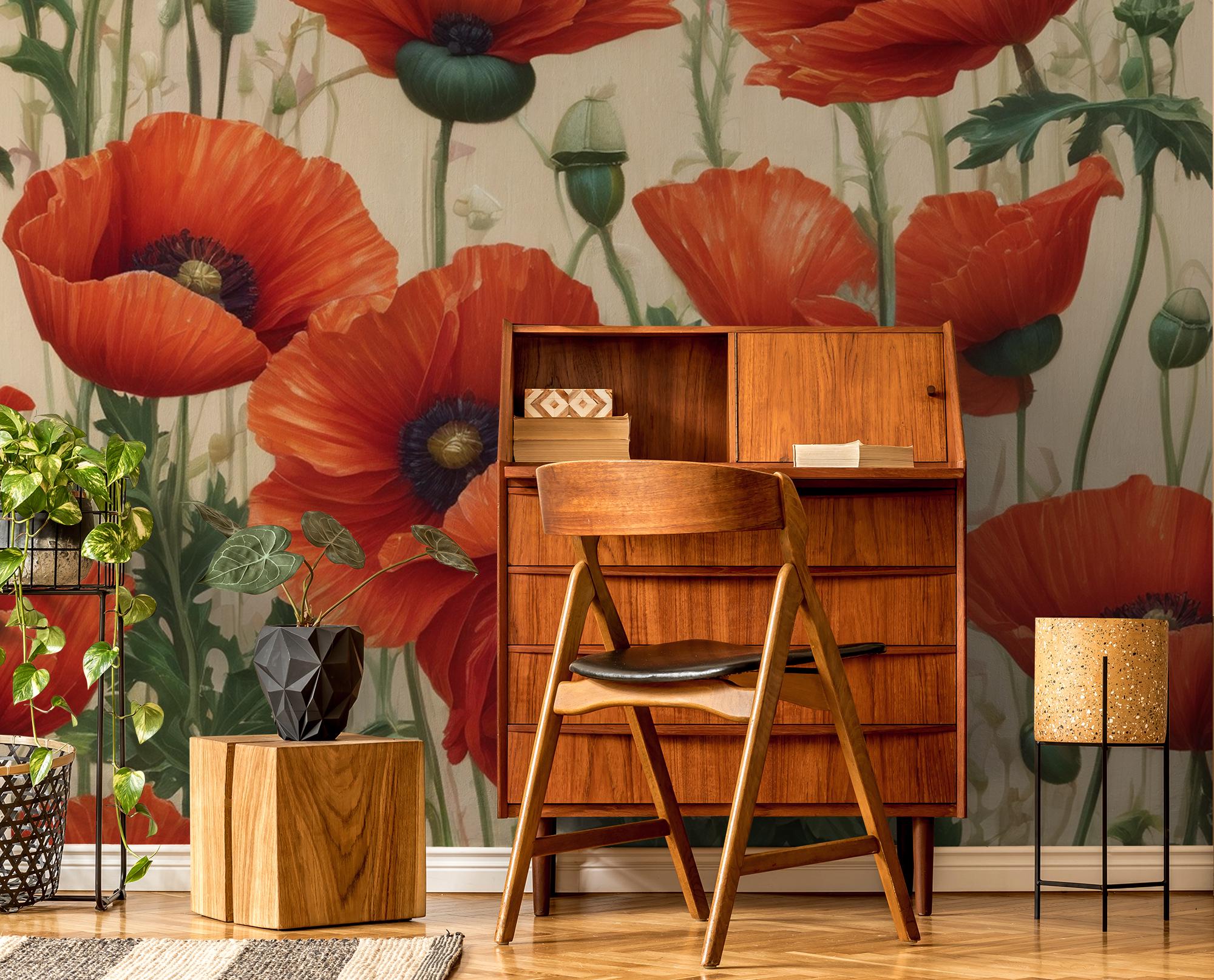 Watercolor Floral Wallpaper, Red Poppy Wall Mural | Home Renovation ...