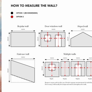 K&ouml;nnte beinhalten: Diagramm, das zwei verschiedene Methoden zum Messen einer Wand zeigt, darunter normale, T&uuml;r-Fenster-, schr&auml;ge, Treppen- und Mehrfachw&auml;nde. Option 1 wird empfohlen und verwendet rote Pfeile, um zu zeigen, wo gemessen werden soll. Option 2 verwendet schwarze Punkte, um zu zeigen, wo gemessen werden soll.