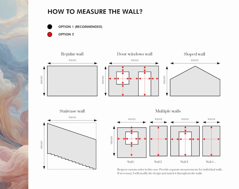 K&ouml;nnte beinhalten: Diagramm, das zwei verschiedene Methoden zum Messen einer Wand zeigt, darunter normale, T&uuml;r-Fenster-, schr&auml;ge, Treppen- und Mehrfachw&auml;nde. Option 1 wird empfohlen und verwendet rote Pfeile, um zu zeigen, wo gemessen werden soll. Option 2 verwendet schwarze Punkte, um zu zeigen, wo gemessen werden soll.