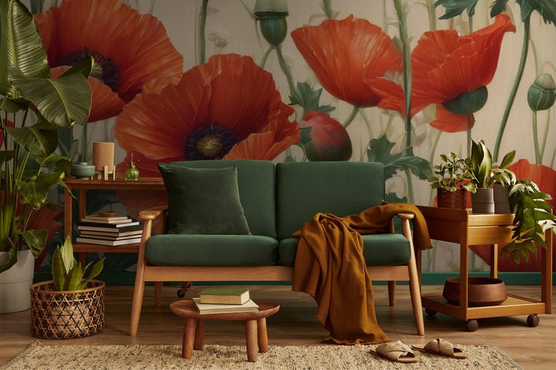 Watercolor Floral Wallpaper, Red Poppy Wall Mural | Home Renovation ...