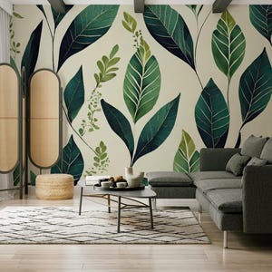 Green leaves wallpaper, watercolor botanical | Home Renovation | Wall Art | Peel and Stick Or Non Self-Adhesive Vinyl Wallpaper