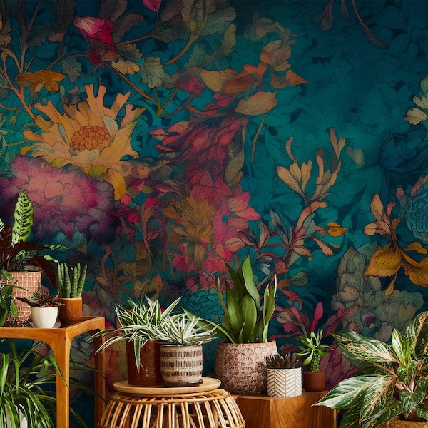 Teal abstract wallpaper with colorful flowers| Wall Decor | Home Renovation | Wall Art | Peel and Stick Or Non Self-Adhesive Vinyl Wallpaper