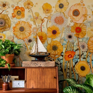 Carta da parati floreale stile anni '70 con prato vintage | Decorazione da parete | Ristrutturazione casa | Arte della parete | Carta da parati in vinile staccabile e incollabile o non autoadesiva