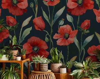 Floral wallpaper, watercolor red poppy flower Wall Mural | Home Renovation | Wall Art | Peel and Stick Or Non Self-Adhesive Vinyl Wallpaper