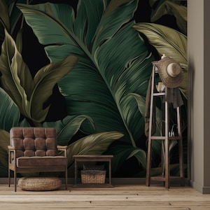 Dark green wallpaper with tropical leaves| Wall Decor | Home Renovation | Wall Art | Peel and Stick Or Non Self-Adhesive Vinyl Wallpaper