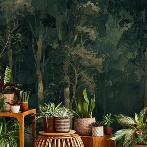 Dark green wallpaper, forest Wall Mural | Home Renovation | Wall Art | Peel and Stick Or Non Self-Adhesive Vinyl Wallpaper