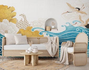 Japanische Aquarelltapete mit Vogel | Wanddekoration | Hausrenovierung | Wandkunst | Vinyl-Tapete zum Abziehen und Aufkleben oder nicht selbstklebend