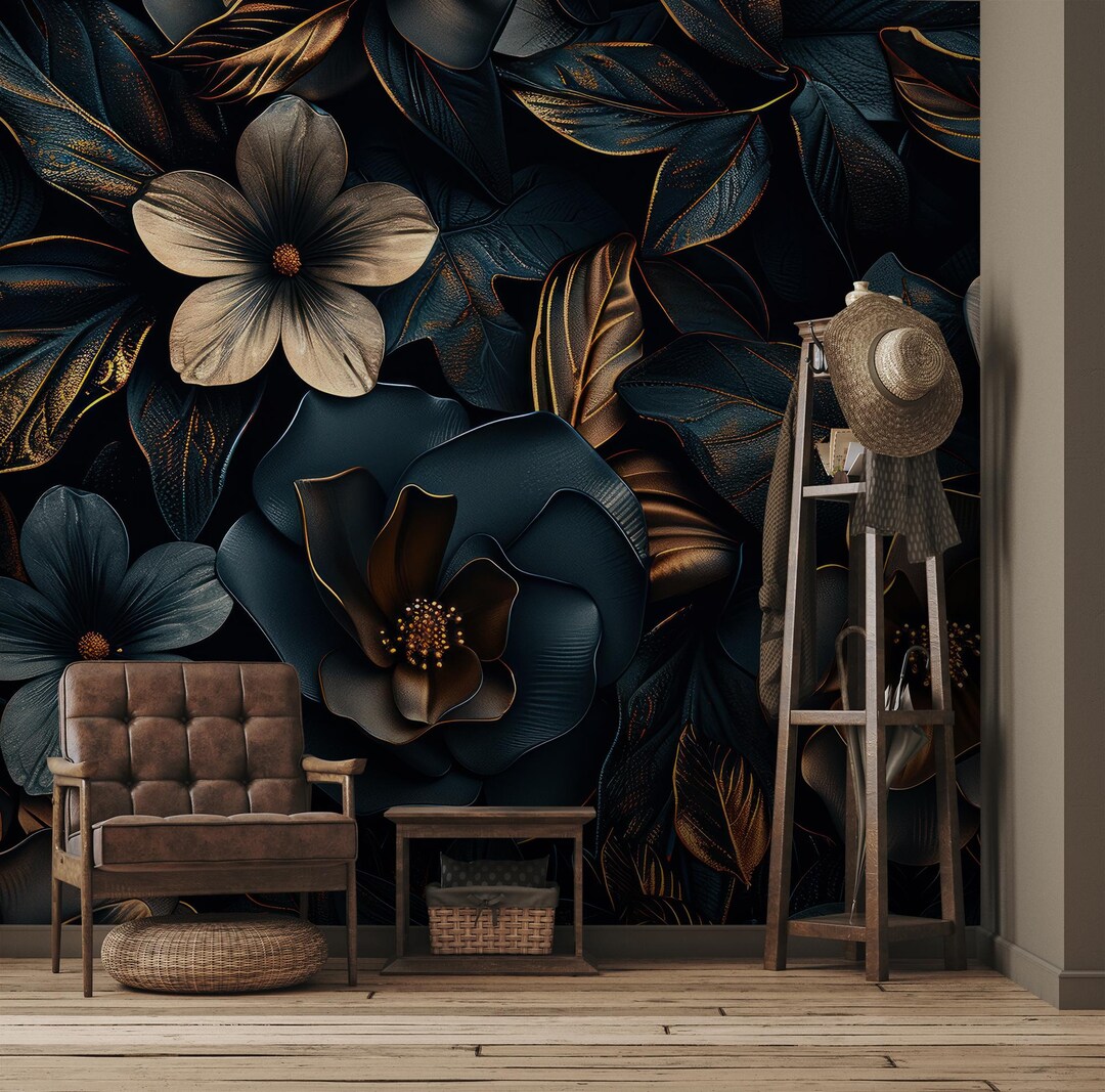 Dark Leaf and Floral Wallpaper, Vintage Art | Home Decor | Home ...
