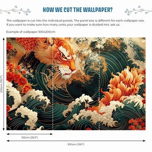 K&ouml;nnte beinhalten: Eine grafische Illustration eines Tigers mit orangefarbenem und gelbem Fell, umgeben von blauen und wei&szlig;en Wellen und roten Blumen. Das Bild ist in drei Paneele unterteilt, jedes 100 cm breit und 200 cm hoch. Der Text "HOW WE CUT THE WALLPAPER?" befindet sich oben im Bild. Der Text "Example of wallpaper 300x200cm" befindet sich unterhalb des Bildes.