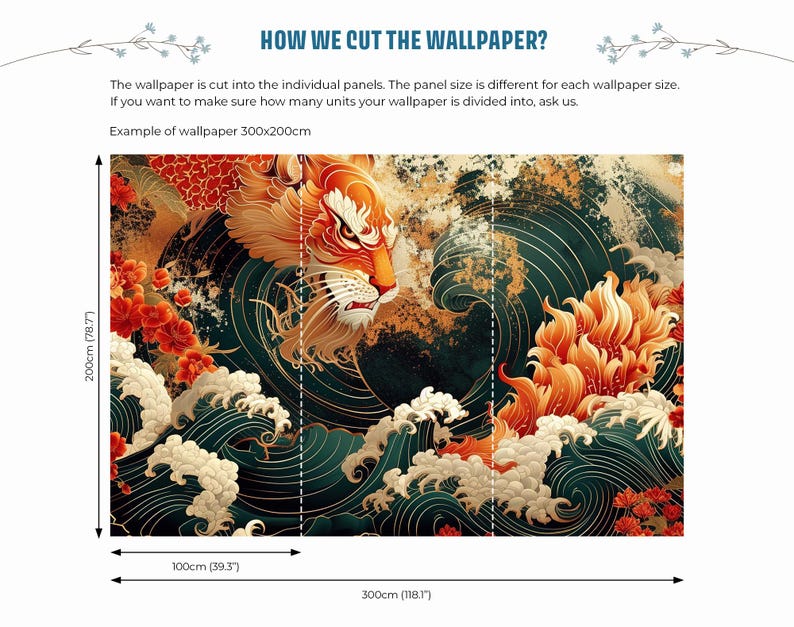 K&ouml;nnte beinhalten: Eine grafische Illustration eines Tigers mit orangefarbenem und gelbem Fell, umgeben von blauen und wei&szlig;en Wellen und roten Blumen. Das Bild ist in drei Paneele unterteilt, jedes 100 cm breit und 200 cm hoch. Der Text "HOW WE CUT THE WALLPAPER?" befindet sich oben im Bild. Der Text "Example of wallpaper 300x200cm" befindet sich unterhalb des Bildes.