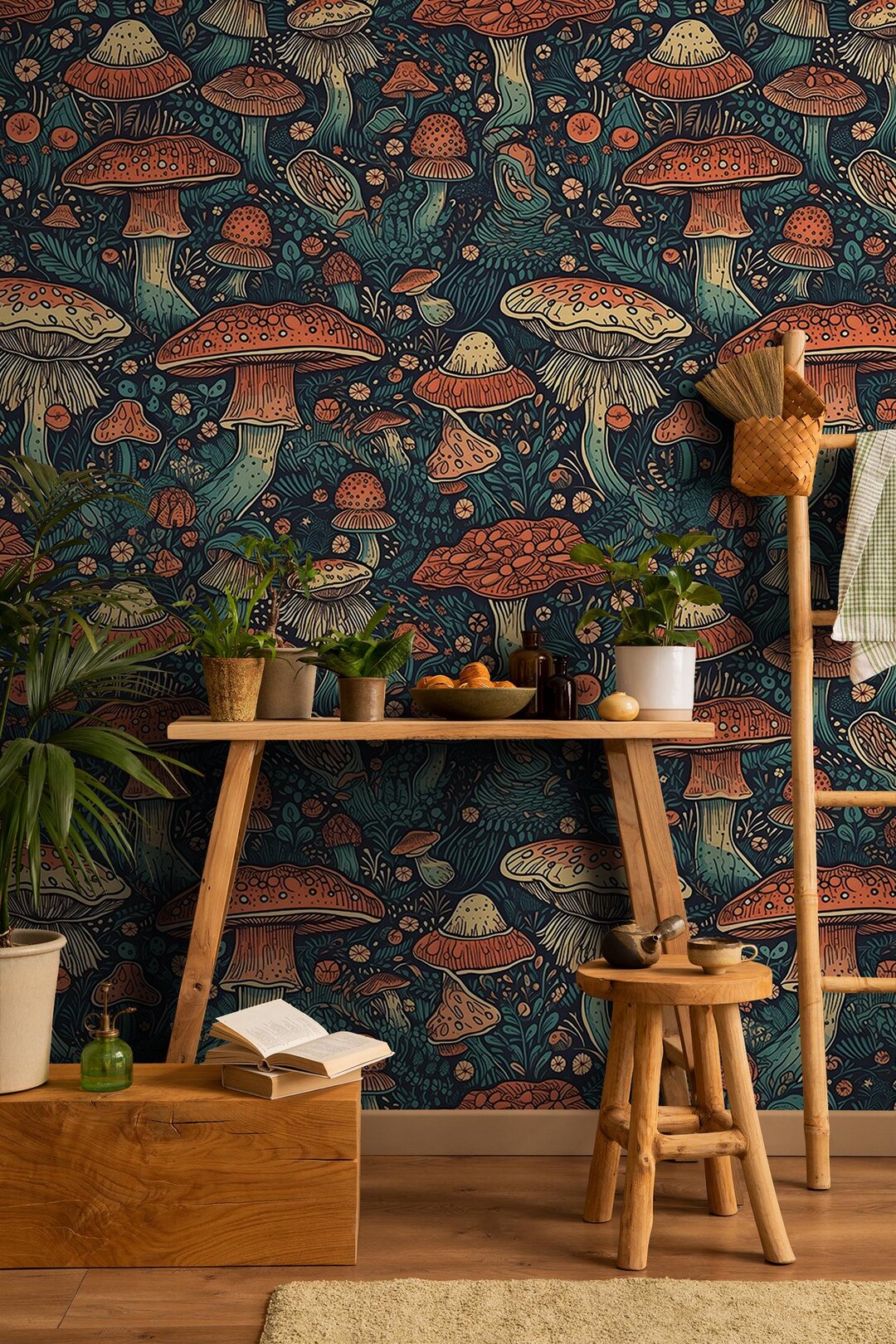 Dark Mushrooms Wallpaper, Vintage Wall Mural Home Renovation Wall Art ...