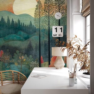 Forest landscape wallpaper, abstract art Home Decor | Home Renovation | Wall Art | Peel and Stick Or Non Self-Adhesive Vinyl Wallpaper