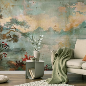 Vintage landscape wallpaper | mountain Wall Mural | Home Renovation | Wall Art | Peel and Stick Or Non Self-Adhesive Vinyl Wallpaper