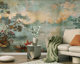 Vintage landscape wallpaper | mountain Wall Mural | Home Renovation | Wall Art | Peel and Stick Or Non Self-Adhesive Vinyl Wallpaper