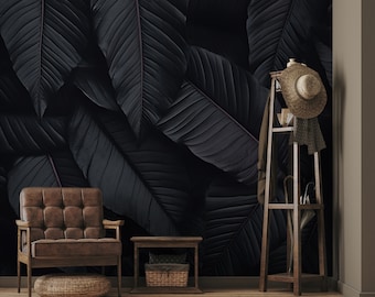 Black wallpaper with tropical leaves| Wall Decor | Home Renovation | Wall Art | Peel and Stick Or Non Self-Adhesive Vinyl Wallpaper