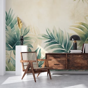 Tropical wallpaper, palm leaves wall mural, | Wall Decor | Home Renovation | Wall Art | Peel and Stick Or Non Self-Adhesive Vinyl Wallpaper