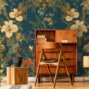 Floral wallpaper, orange flowers Home Renovation | Wall Art | Peel and Stick Or Non Self-Adhesive Vinyl Wallpaper