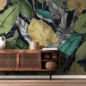 Tropical leaves wallpaper, exotic botanical | Home Renovation | Wall Art | Peel and Stick Or Non Self-Adhesive Vinyl Wallpaper