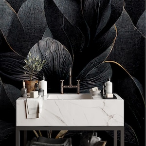 Dark luxury wallpaper, floral and leaf Home Decor | Home Renovation | Wall Art | Peel and Stick Or Non Self-Adhesive Vinyl Wallpaper