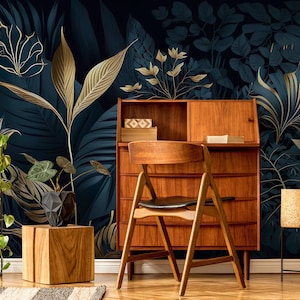 Murale botanico scuro non dorato con piante | Decorazione da parete | Ristrutturazione casa | Arte della parete | Carta da parati in vinile staccabile e incollabile o non autoadesiva