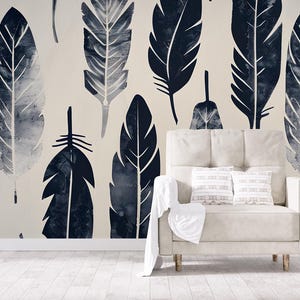 Light abstract wallpaper with dark feathers | Home Decor | Home Renovation | Wall Art | Peel and Stick Or Non Self-Adhesive Vinyl Wallpaper