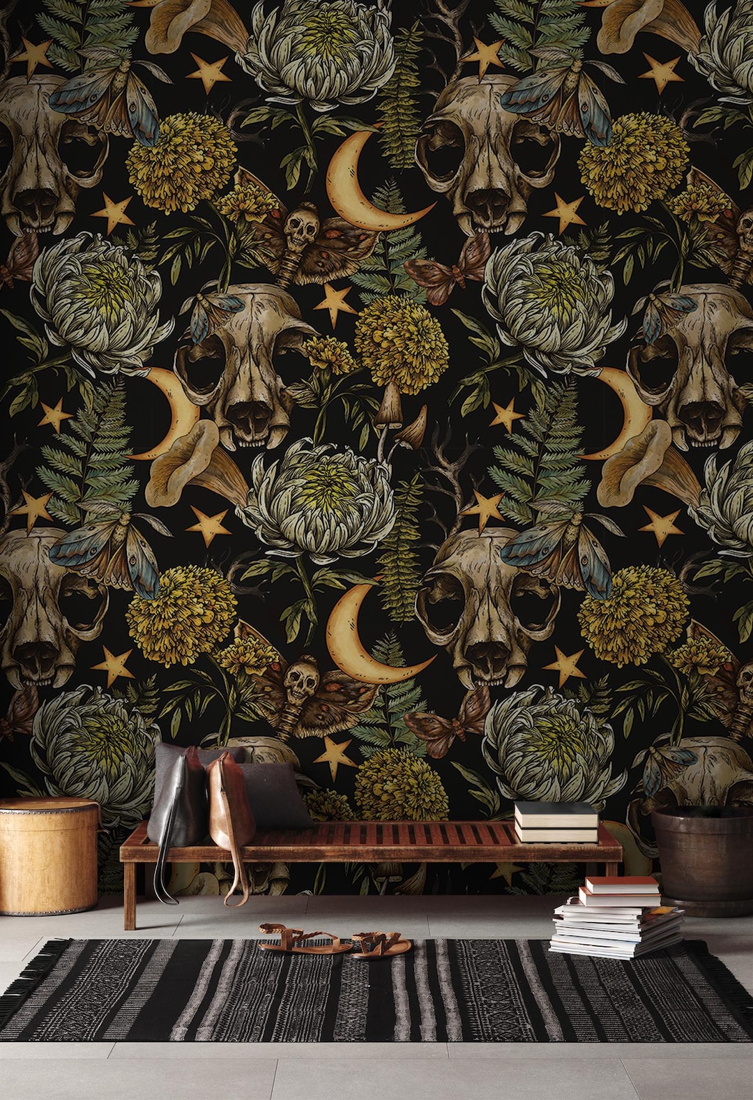 Forest Mushroom Wallpaper, Skull and Flower Wall Mural | Home ...