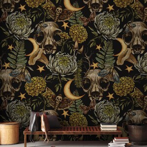 Carta da parati con funghi della foresta, decorazione murale con teschio e fiori | Ristrutturazione casa | Arte della parete | Carta da parati in vinile staccabile e incollabile o non autoadesiva