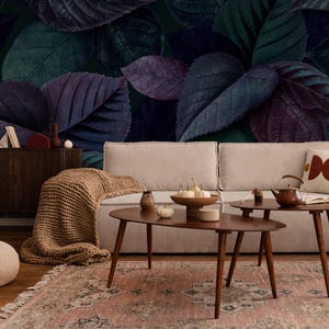 Papier peint botanique foncé, motif feuilles | Décoration intérieure | Rénovation domiciliaire | Art mural | Papier peint vinyle à décoller et à coller ou non autocollant