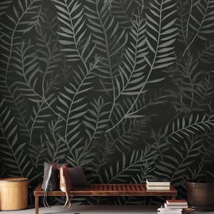 Dark leaves wallpaper, abstract botanical Wall Mural | Home Renovation | Wall Art | Peel and Stick Or Non Self-Adhesive Vinyl Wallpaper