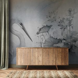 Moderne Tapete, Reihervogel Home Decor | Hausrenovierung | Wandkunst | Vinyl-Tapete zum Abziehen und Aufkleben oder nicht selbstklebend
